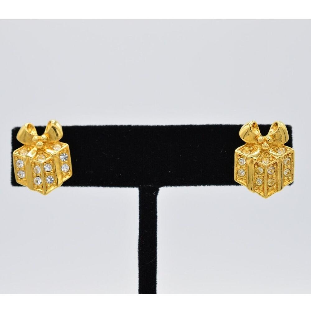 Avon Vintage Earrings Rhinestone Crystal Gold Gift Box Present Holiday Signed 9H